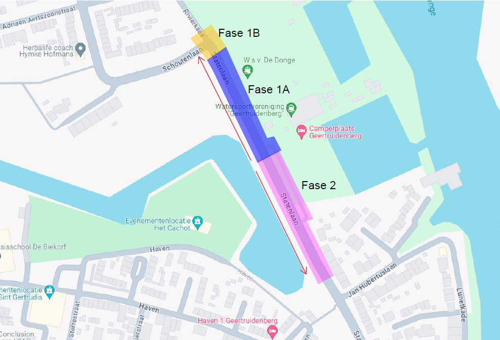 Fase 1A loopt van het rioolgemaal richting de Rivierkade/Schoutenlaan. Fase 1B bevindt zich op de kruising tussen de Rivierkade, Schoutenlaan en Statenlaan. Fase 2 start vanaf het rioolgemaal tot Statenlaan 33.